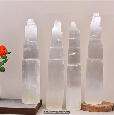 Luminous Selenite Sky Tower| Carved Satin Spar Crystal Point - SYN - ergy