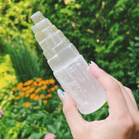 Luminous Selenite Sky Tower| Carved Satin Spar Crystal Point - SYN - ergy