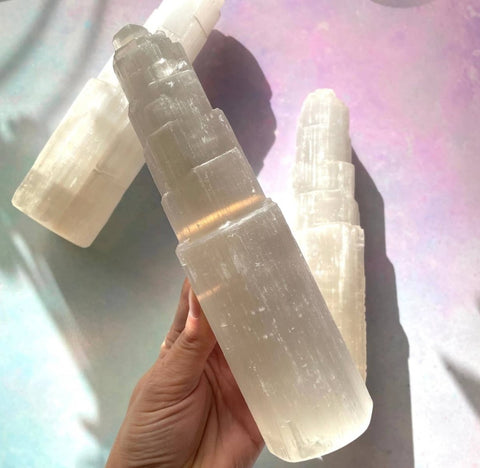 Luminous Selenite Sky Tower| Carved Satin Spar Crystal Point - SYN - ergy