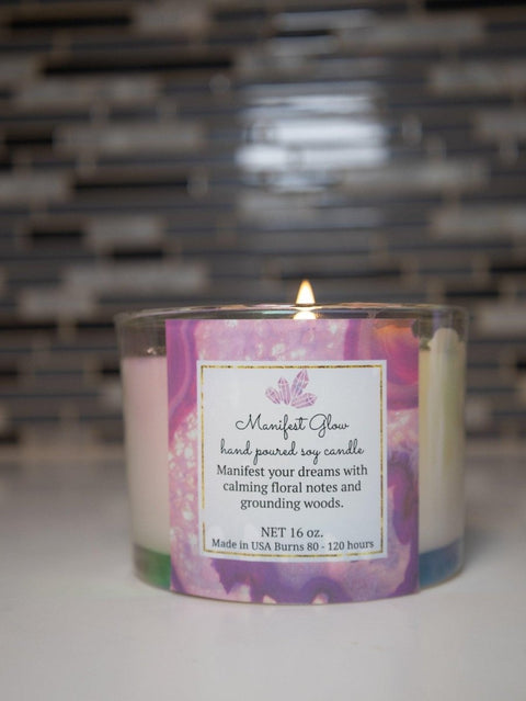 Manifest Glow Hand Poured Artisan Candle| Crystal lnfused| Aromatherapy - SYN-ergy