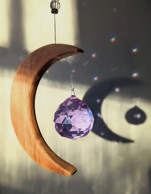Shine Your Light Crescent Moon Suncatcher with Purple Crystal Prism – Wood Hanging Decor - SYN - ergy