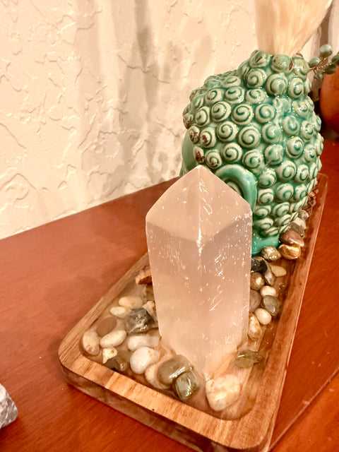 Crystal Tree & Selenite Buddha Altar – Unique Meditation Space | Rooted in Peace