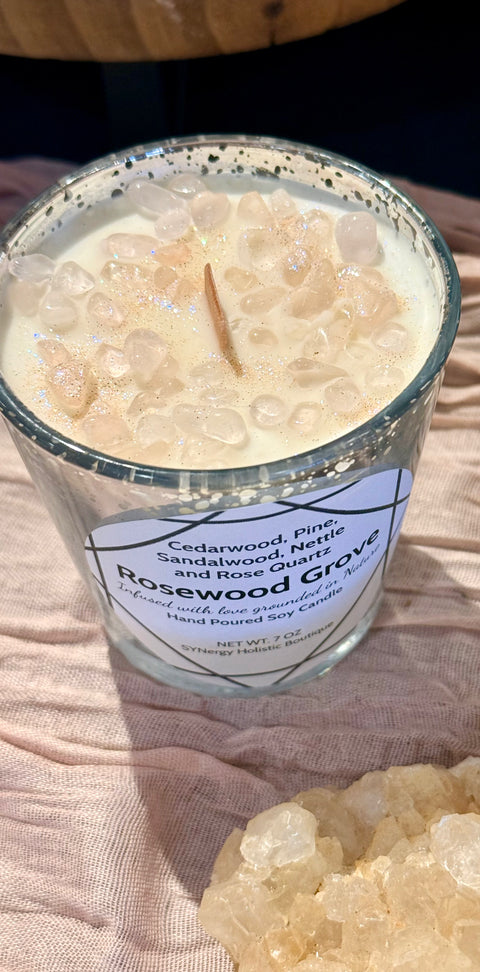 Rosewood Grove Botanical Candle|Cedarwood, Pine, Sandalwood | Wood Wick | Rose Quartz Infused