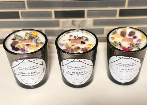 Ether & Earth Candle | Vanilla, Frankincense, Myrrh & Sandalwood | Amethyst + Botanical Infused - SYN-ergy