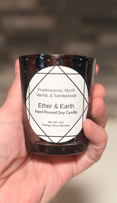 Ether & Earth Candle | Vanilla, Frankincense, Myrrh & Sandalwood | Amethyst + Botanical Infused - SYN-ergy