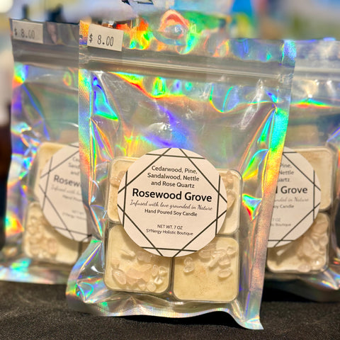 Rosewood Grove Botanical Candle|Cedarwood, Pine, Sandalwood | Wood Wick | Rose Quartz Infused