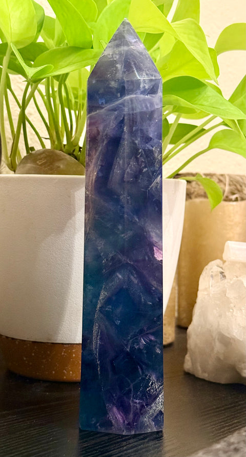 Extra Large Rainbow Fluorite tower  with bright blue, purple and green with green plants in the background