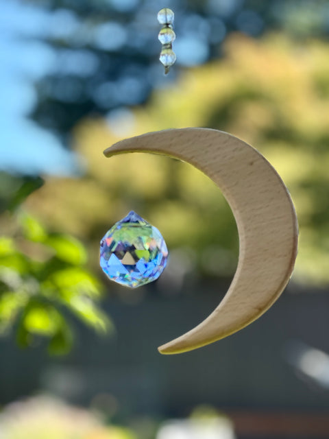 Shine Your Light Crescent Moon Suncatcher with Purple Crystal Prism – Wood Hanging Decor