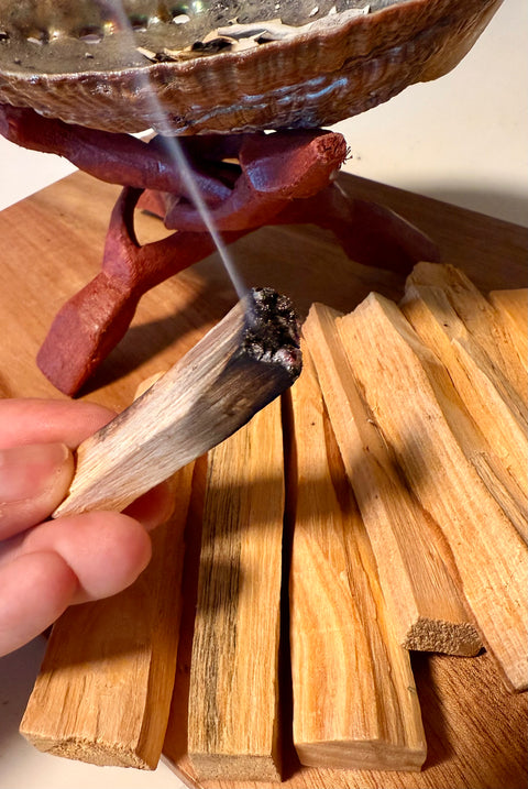 Hand holding a burning Palo Santo stick with smoke rising, used for spiritual cleansing and energy clearing rituals.