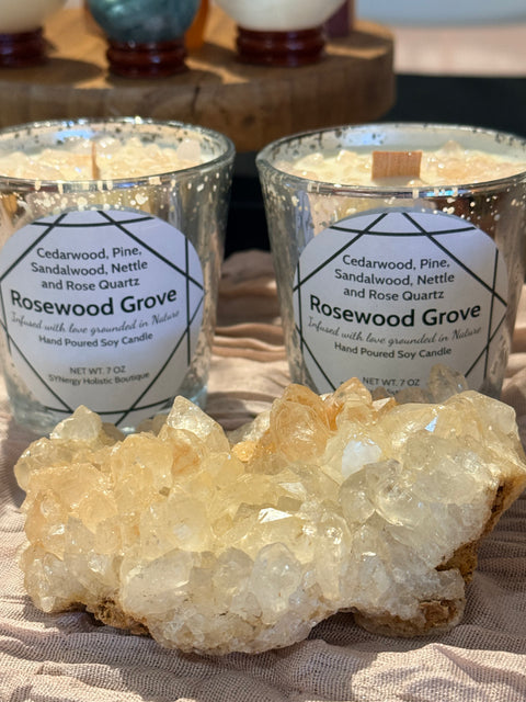 Rosewood Grove Botanical Candle|Cedarwood, Pine, Sandalwood | Wood Wick | Rose Quartz Infused