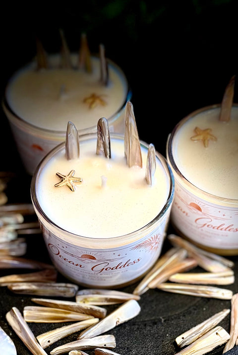 Three candles labeled 'Ocean Goddess' with starfish decorations on a dark background.