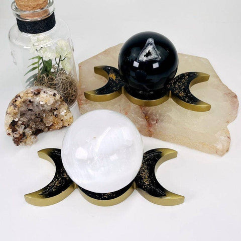 Crystal Moon Phase Sphere Stand|Black & Gold Crescent Moon Display | Altar Decor | Crystal Ball Holder - SYN - ergy