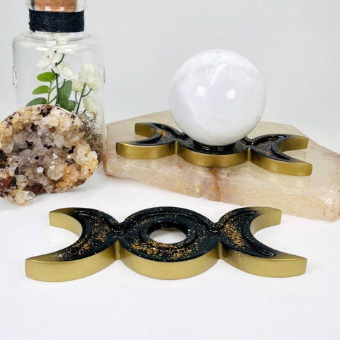 Crystal Moon Phase Sphere Stand|Black & Gold Crescent Moon Display | Altar Decor | Crystal Ball Holder - SYN - ergy