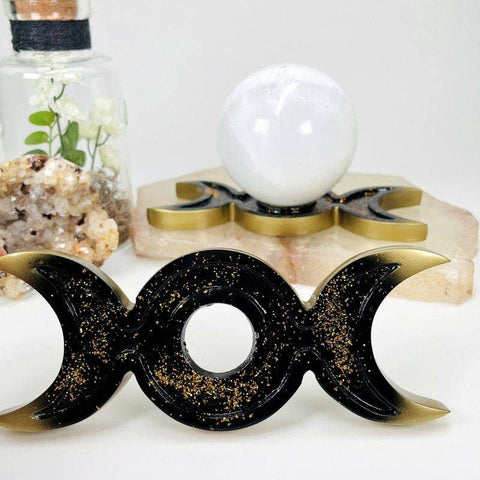 Crystal Moon Phase Sphere Stand|Black & Gold Crescent Moon Display | Altar Decor | Crystal Ball Holder - SYN - ergy