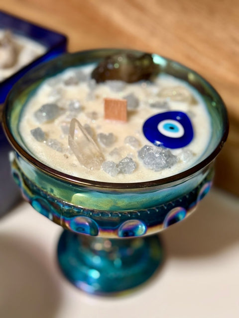 Evil Eye Protection Candle – Crystal - Infused Soy Candle with Quartz, Celestine & Smoky Quartz - SYN - ergy