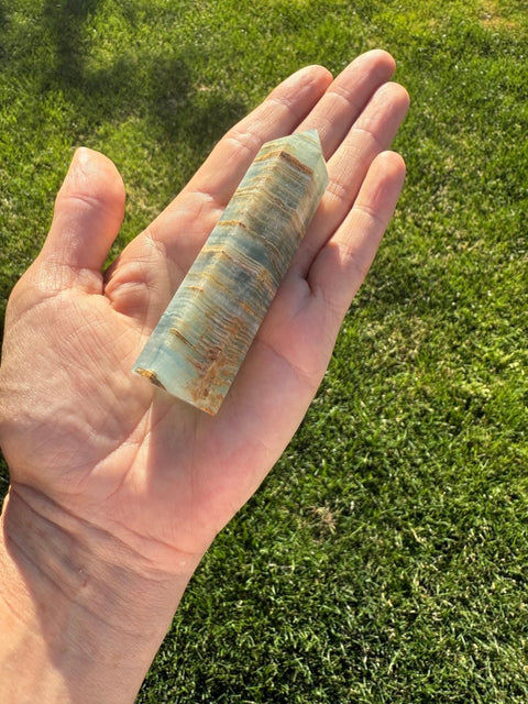 Lemurian Aquatine Calcite Tower | Ocean Blue Calcite Point for Emotional Healing, Intuition & Meditation | Soothing Crystal Energy - SYN - ergy