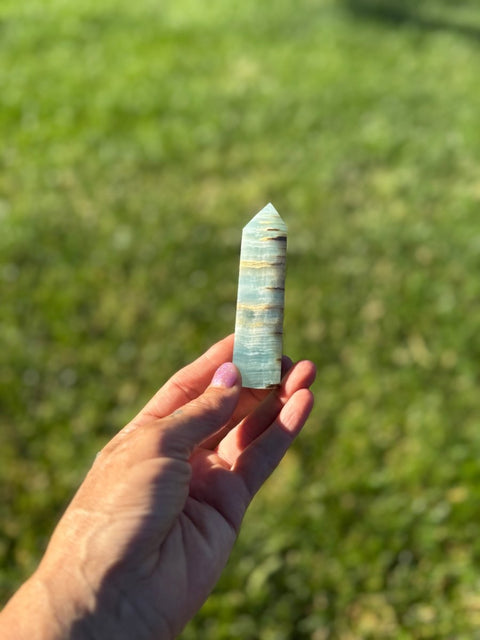 Lemurian Aquatine Calcite Tower | Ocean Blue Calcite Point for Emotional Healing, Intuition & Meditation | Soothing Crystal Energy - SYN - ergy