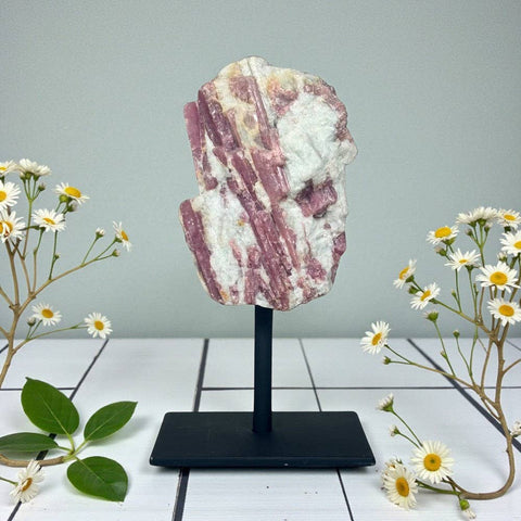 Pink Tourmaline Crystal on Metal Stand|Heart Chakra Stone Display | Brazilian Healing Crystal Decor - SYN - ergy