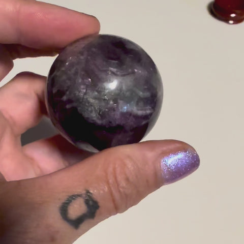 Rainbow Fluorite Sphere with Rosewood Stand – Crystal Healing Decor, Meditation Stone, Third Eye Chakra, Intuition, Energy Clearing Gift