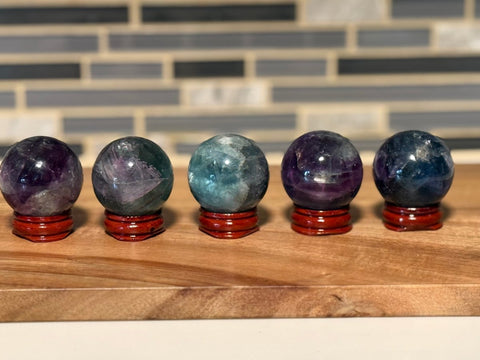 Rainbow Fluorite Sphere with Rosewood Stand – Crystal Healing Decor, Meditation Stone, Third Eye Chakra, Intuition, Energy Clearing Gift - SYN - ergy